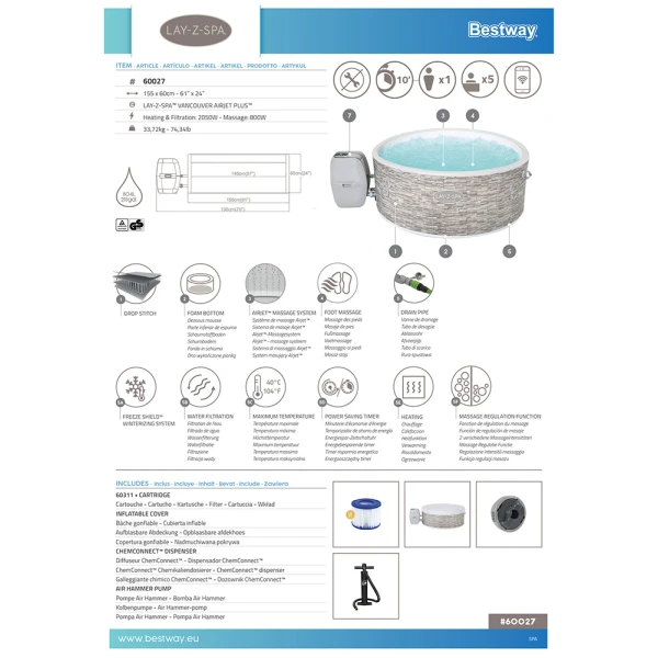BESTWAY ΣΕΤ ΣΠΑ LAY-Z-SPA 155x60 εκ. VANCOUVER AIRJET PLUS