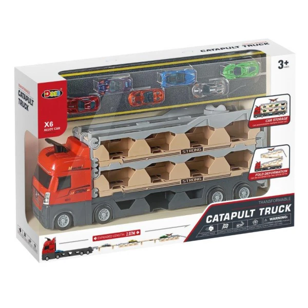 TRANSPORTER TRUCK WITH 6 CARS, CATAPULT & STRAIGHT TRACK 207 cm.