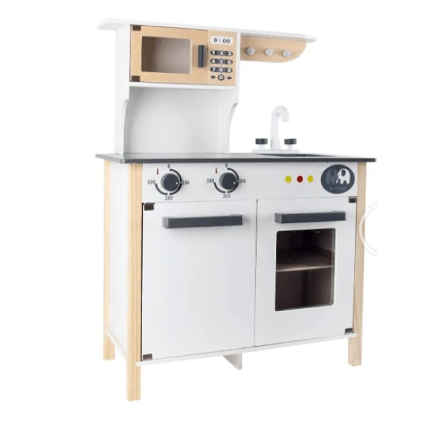 LARGE WOODEN KITCHEN WITH WASHBASIN, MICROWAVE OVEN & ACCESSORIES