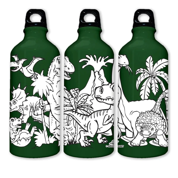 SPLAT PLANET DINOSAUR ALUMINUM COLORING WATER BOTTLE 600ml WITH PERMANENT MARKERS