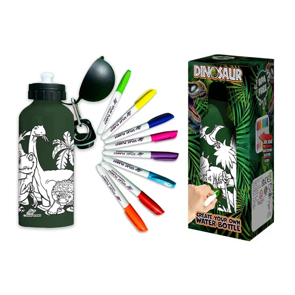 SPLAT PLANET DINOSAUR ALUMINUM COLORING WATER BOTTLE 600ml WITH PERMANENT MARKERS
