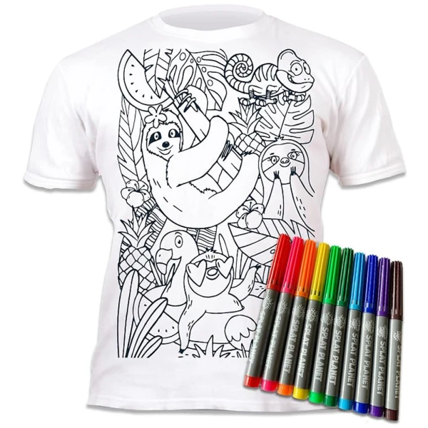 SPLAT PLANET WASHABLE COLOURING T-SHIRT SLOTH JUNGLE WITH MARKERS (7-8 YEARS)