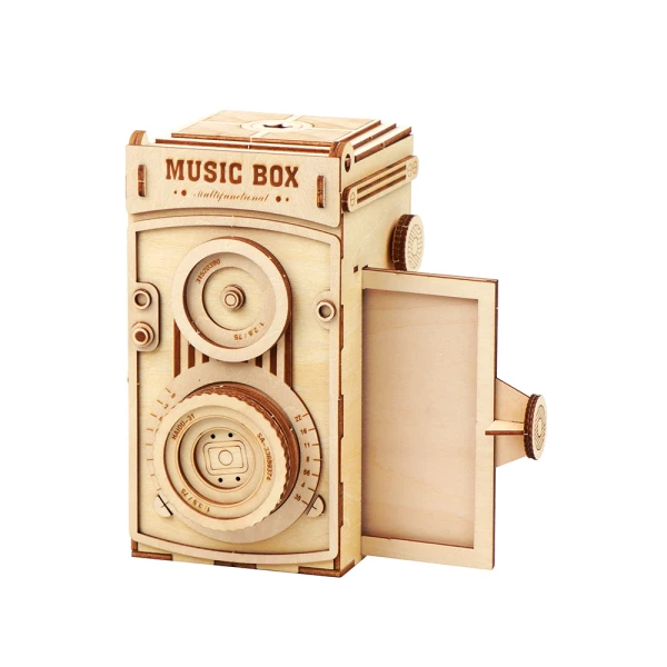 WOODEN CONSTRUCTION VINTAGE CAMERA MUSIC BOX