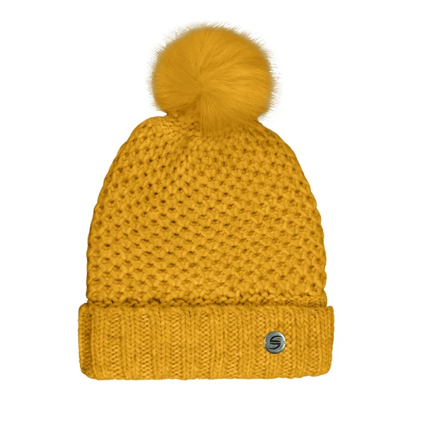 WOMEN\'S CAP WITH POM POM AND METALLIC BADGE MUSTARD