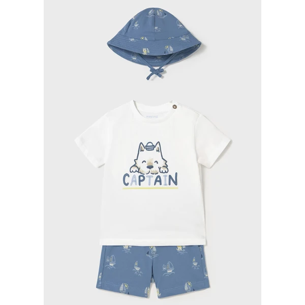 MAYORAL SET COTTON PRINT WITH HAT SKY BLUE
