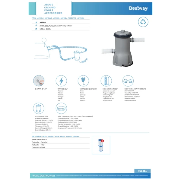 BESTWAY FLOWCLEAR 3028L/800gal ΑΝΤΛΙΑ ΜΕ ΦΙΛΤΡΟ 