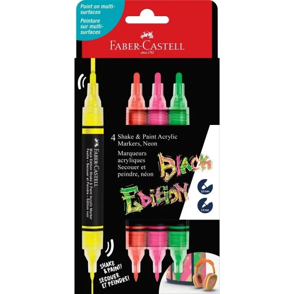 FABER-CASTELL ΣΕΤ 4 ΔΙΠΛΟΙ ΑΚΡΥΛΙΚΟΙ ΜΑΡΚΑΔΟΡΟΙ BLACK EDITION - NEON ΧΡΩΜΑΤΑ