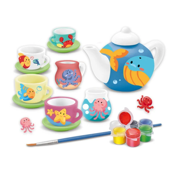 CERAMIC TEA SET WITH PAINTS AND BRUSH