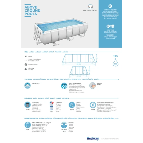 BESTWAY RECTANGULAR FAMILY POOL 404X201X100 cm SET POWER STEEL