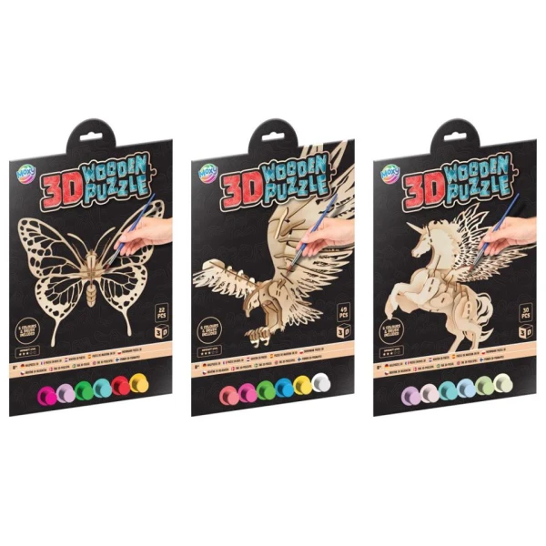 ΞΥΛΙΝΟ 3D PUZZLE, 6 ΧΡΩΜΑΤΑ & ΠΙΝΕΛΟ - 3 ΣΧΕΔΙΑ