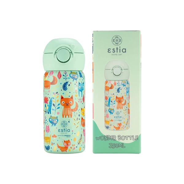 ESTIA HOME ART KIDS THERMAL TRAVEL WONDER BOTTLE 350ml - FELINE FOLIAGE