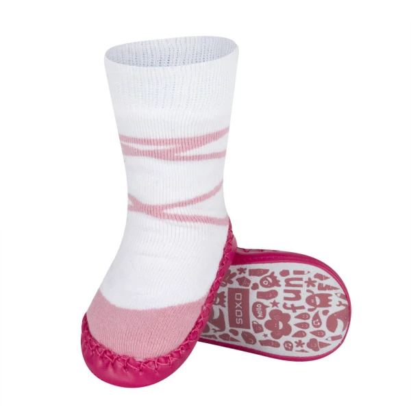 SOXO CHILDREN SLIPPERS WITH LEATHER SOLE PINK-WHITE