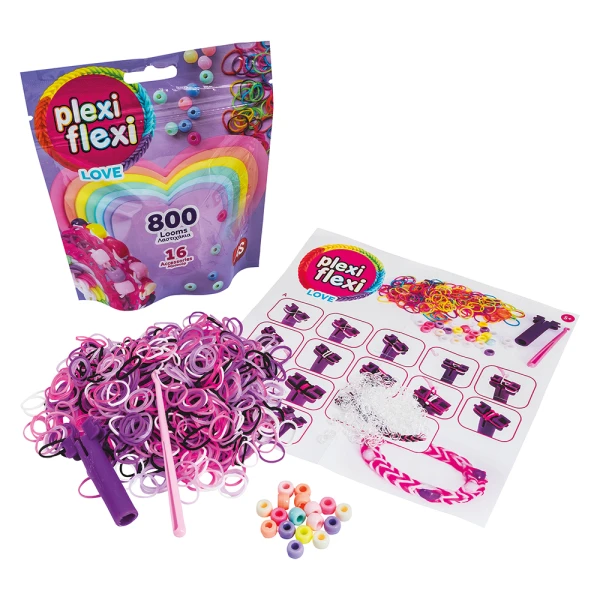 PLEXI-FLEXI LOVE PACK WITH 800 LOOMS & 16 CHARMS FOR AGES 5+ - 3 DESIGNS