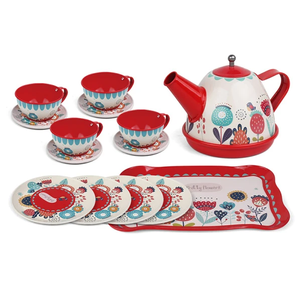 METALLIC TEA SET - RED FLOWERS