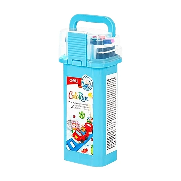 DELI DOUBLE-TIP DESIGN MARKERS IN PLASTICWASHABLE CASE 12 COLORS