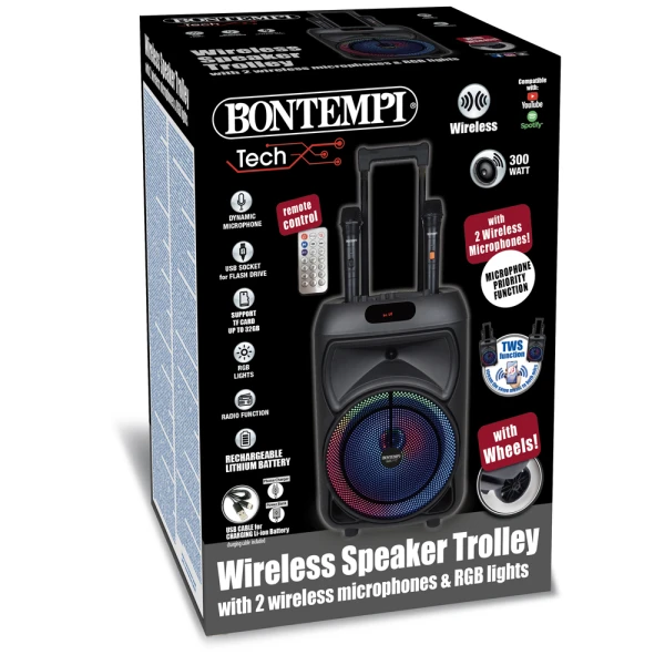 BONTEMPI TROLLEY WIRELESS SPEAKER WITH 2 WIRELESS MICROPHONES AND RGB LIGHTS