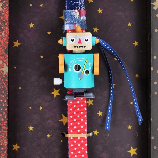 SYNCHRONIA HANDMADE CANDLE 30 cm WOODEN WIND-UP ROBOT TEAL