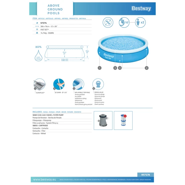 BESTWAY ΣΕΤ ΠΙΣΙΝΑ 366X76 εκ. FAST SET