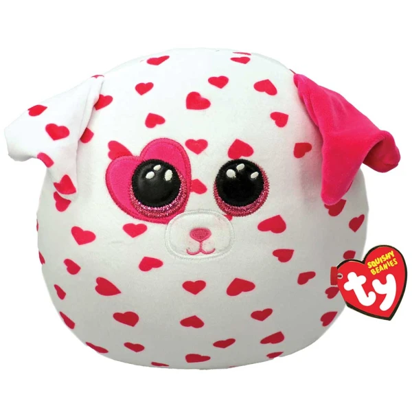 TY SQUISHY BEANIES BEAU DOG WHITE WITH HEARTS 38 cm