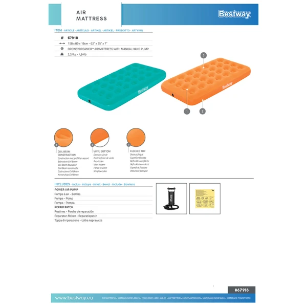 BESTWAY CHILDREN INFLATABLE AIRBED 158X89X18 cm DROWSY DREAMER AIR ORANGE WITH MANUAL HAND PUMP