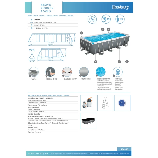 BESTWAY RECTANGULAR POOL SET 549X274X122 cm STEEL PRO MAX