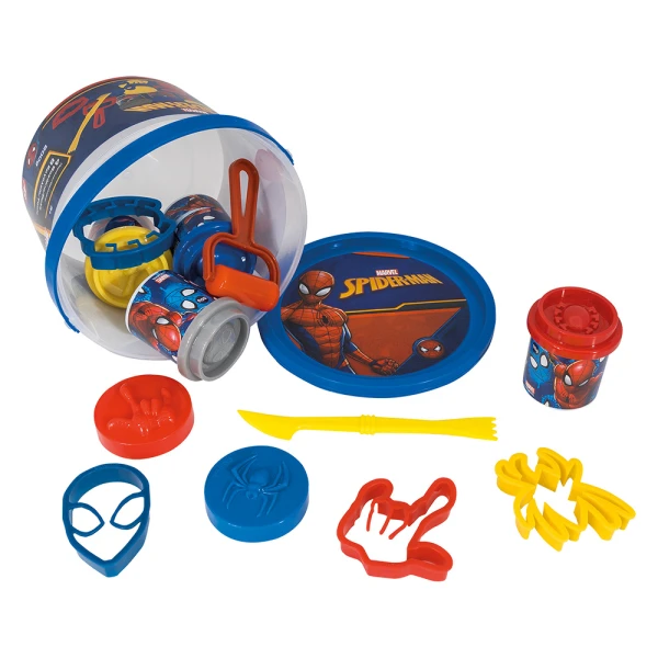 AS DOUGH MARVEL SPIDERMAN BUCKET WITH 4 POTS 3D CAPS AND 8 TOOLS 200g FOR AGES 3+