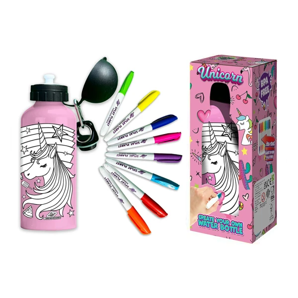 SPLAT PLANET UNICORN ALUMINUM COLORING WATER BOTTLE 600ml WITH PERMANENT MARKERS