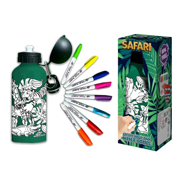 SPLAT PLANET SAFARI ANIMALS ALUMINUM COLORING WATER BOTTLE 600ml WITH PERMANENT MARKERS