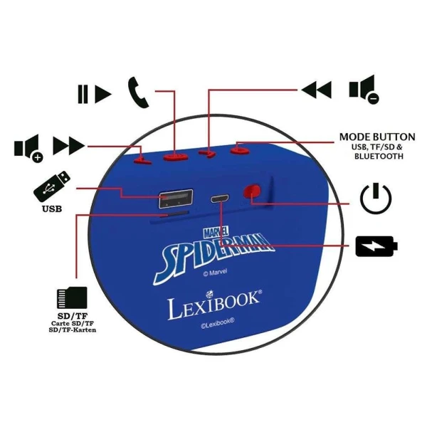LEXIBOOK ΜΙΝΙ ΦΟΡΗΤΟ ΗΧΕΙΟ BLUETOOTH ΜΕ ΥΦΑΣΜΑΤΙΝΟ ΦΙΝΙΡΙΣΜΑ SPIDERMAN
