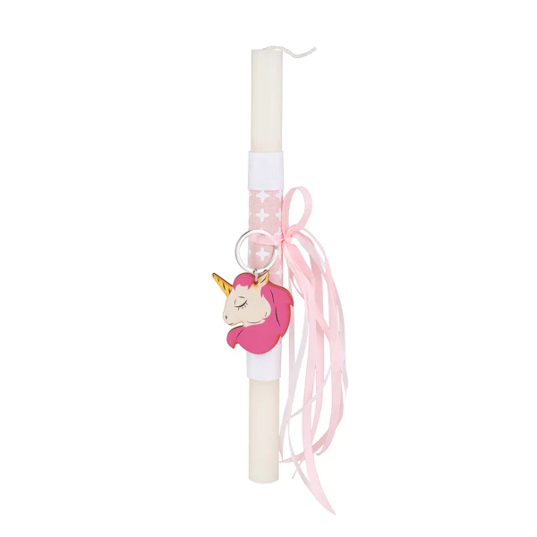 AROMATIC WHITE EASTER CANDLE 30 cm WITH KEY RING WOODEN UNICORN 6.5 cm