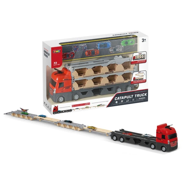 TRANSPORTER TRUCK WITH 6 CARS, CATAPULT & STRAIGHT TRACK 207 cm.