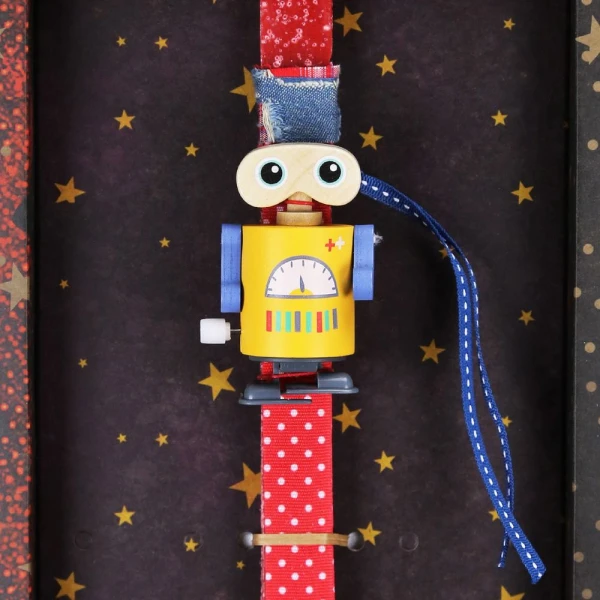 SYNCHRONIA HANDMADE CANDLE 30 cm WOODEN WIND-UP ROBOT YELLOW