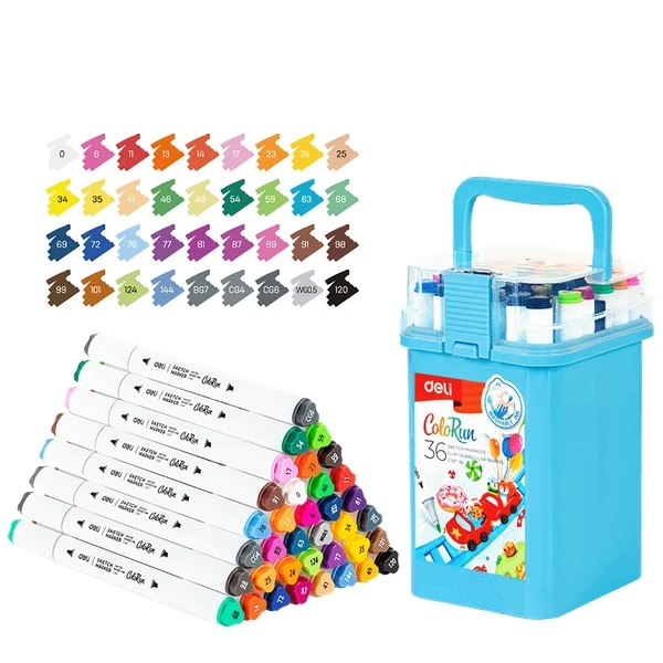 DELI DOUBLE-TIP WASHABLE DESIGN MARKERS IN PLASTIC CASE 36 COLORS