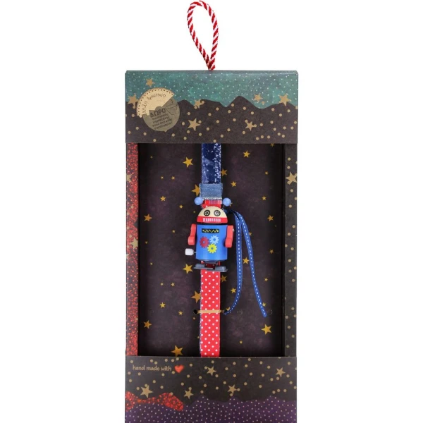 SYNCHRONIA HANDMADE CANDLE 30 cm WOODEN WIND-UP ROBOT BLUE
