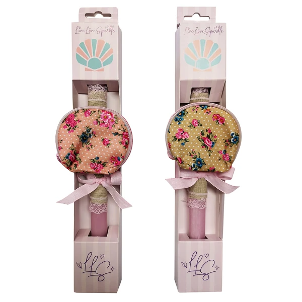 SCENTED ROUND CANDLE 30 cm WITH FLORAL POUCH - 2 DESIGNS