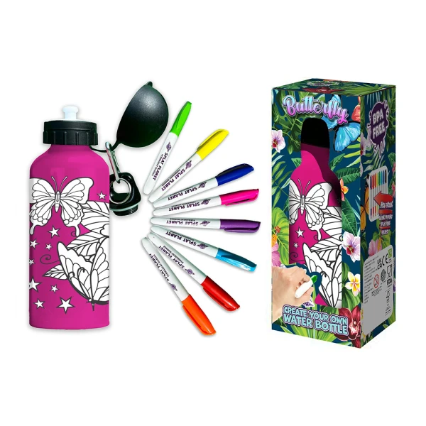 SPLAT PLANET BUTTERFLY ALUMINUM COLORING WATER BOTTLE 600ml WITH PERMANENT MARKERS