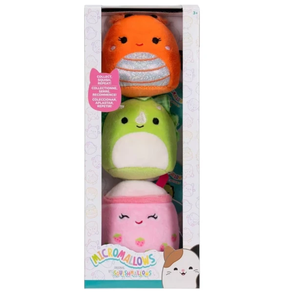 MICROMALLOWS - SET 3 PLUSH 6 cm SQUISHMALLOWS MONY THE BUTTERFLY - TRISTAN THE TRICERATOPS - VICTORIA THE STRAWBERRY