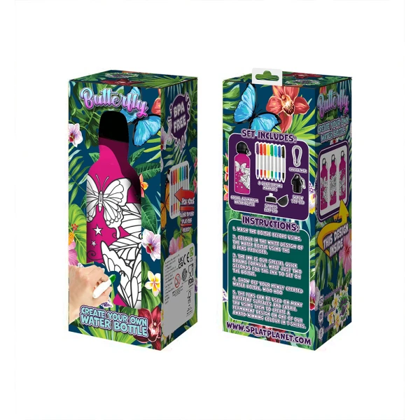SPLAT PLANET BUTTERFLY ALUMINUM COLORING WATER BOTTLE 600ml WITH PERMANENT MARKERS