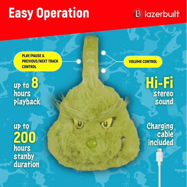 LAZERBUILT GRINCH  BLUETOOTH HEADPHONES WITH MICROPHONE