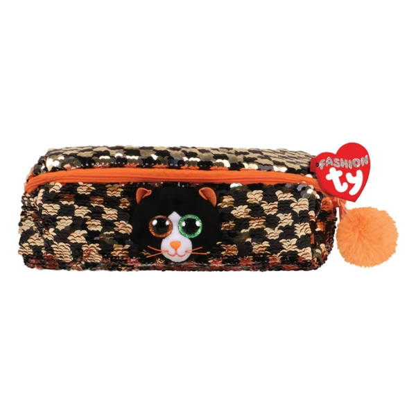 TY FASHION SHADOW PLUSH SEQUIN KITTEN PENCIL CASE BLACK AND ORANGE