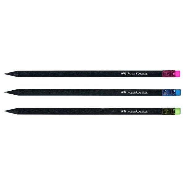 FABER-CASTELL BLACK PENCIL HB WITH COLOURED ERASER - 3 COLOURS