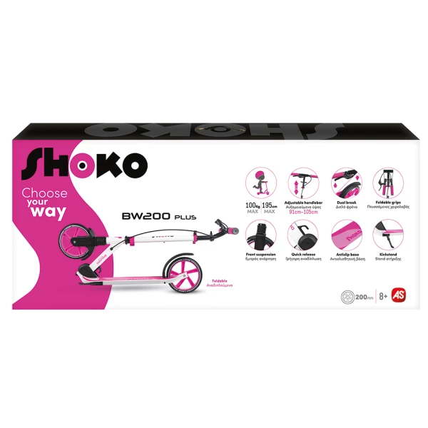 SHOKO KIDS SCOOTER BW 200 PLUS WITH 2 WHEELS 200mm FUCHSIA COLOR FOR AGES 8+ YEARS