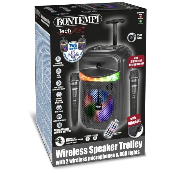 BONTEMPI TROLLEY WIRELESS SPEAKER WITH 2 WIRELESS MICROPHONES AND RGB LIGHTS