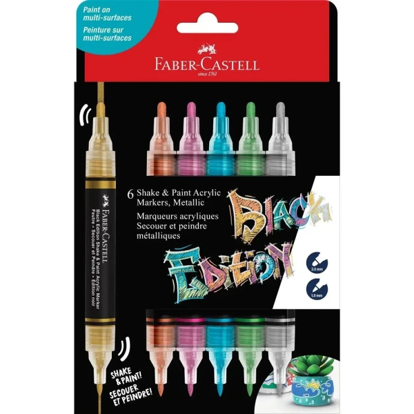 FABER-CASTELL ΣΕΤ 6 ΔΙΠΛΟΙ ΑΚΡΥΛΙΚΟΙ ΜΑΡΚΑΔΟΡΟΙ BLACK EDITION - ΜΕΤΑΛΛΙΚΑ ΧΡΩΜΑΤΑ