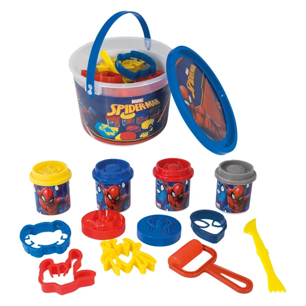 AS DOUGH MARVEL SPIDERMAN BUCKET WITH 4 POTS 3D CAPS AND 8 TOOLS 200g FOR AGES 3+
