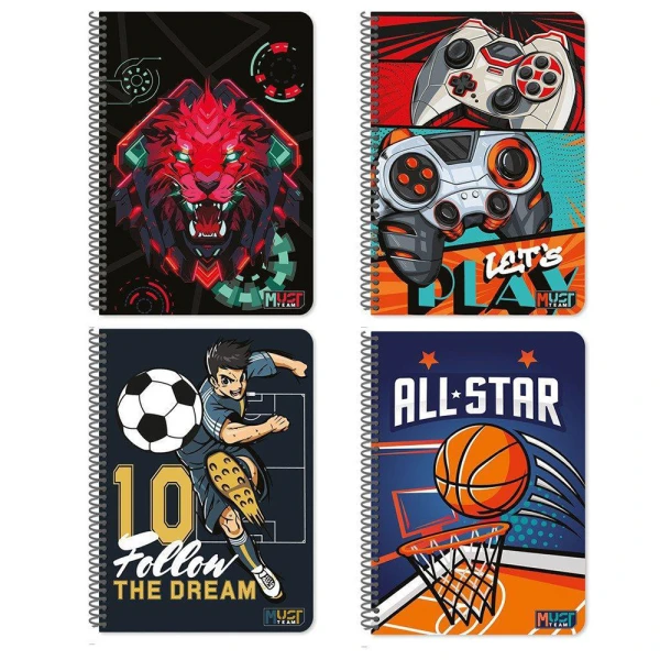 MUST TEAM SPIRAL NOTEBOOK 17X25 cm 2-SUBJECT 60 SHEETS – PLAYER (4 DESIGNS)