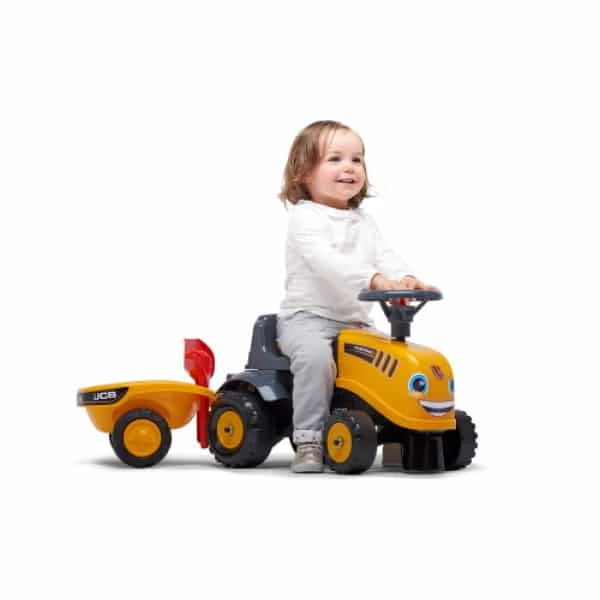 FALK BABY JCB FASTRAC RIDE-ON WITH TRAILER, REKE & SHOVEL
