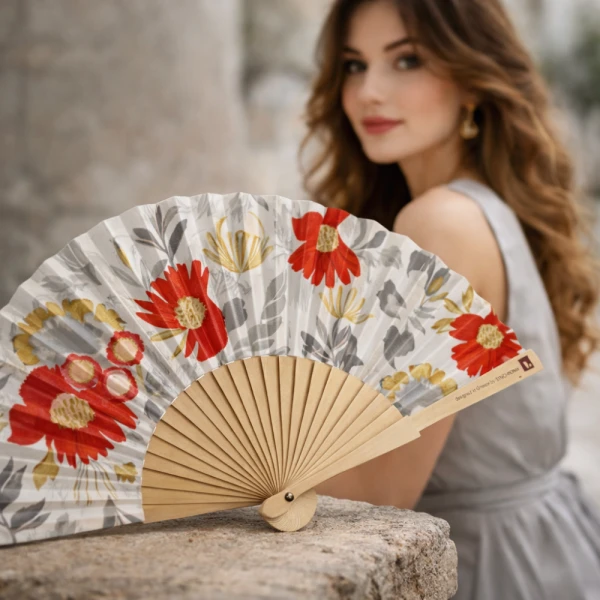 WOODEN FAN 23cm. - SOFT GREY FLOWERS