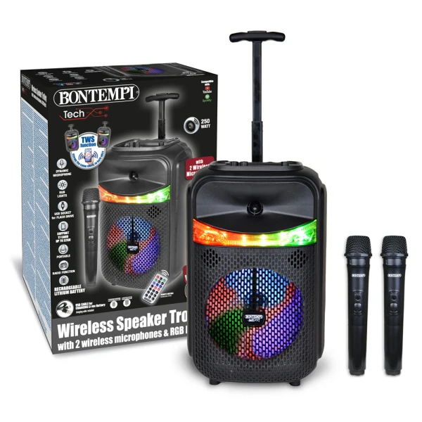 BONTEMPI TROLLEY WIRELESS SPEAKER WITH 2 WIRELESS MICROPHONES AND RGB LIGHTS