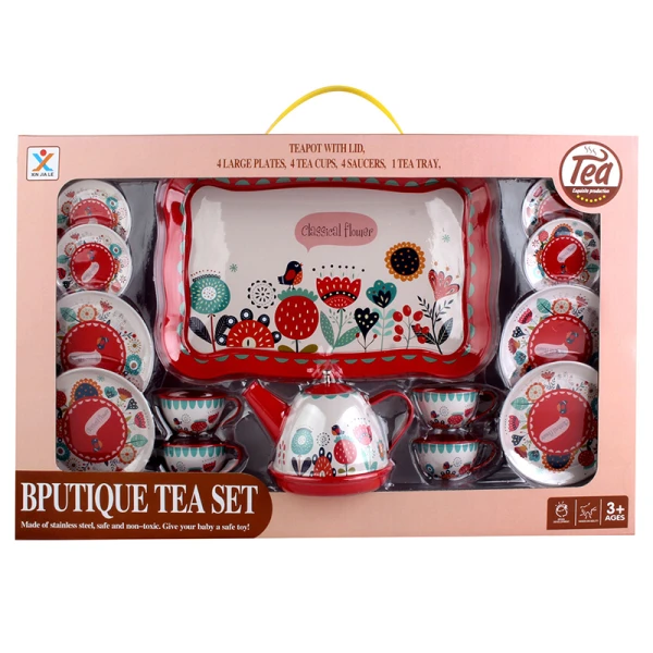 METALLIC TEA SET - RED FLOWERS